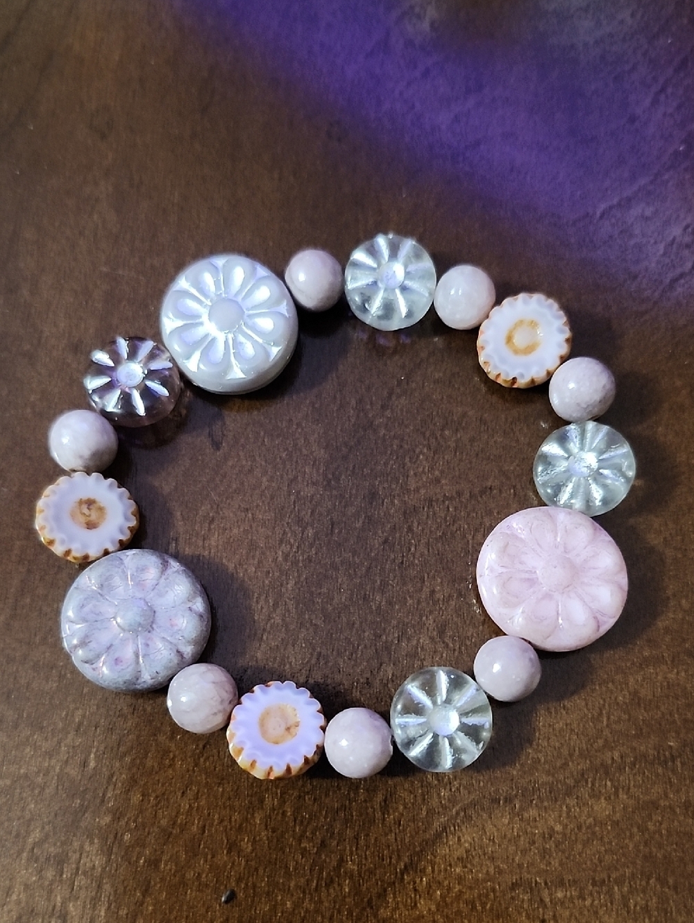 Handmade Pink, Purple and Silver Floral Czech Glass Beaded Bracelet